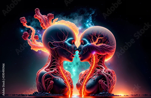 Psychedelic Love: A Surreal and Trippy Kiss Between a Couple in a Celestial Garden.