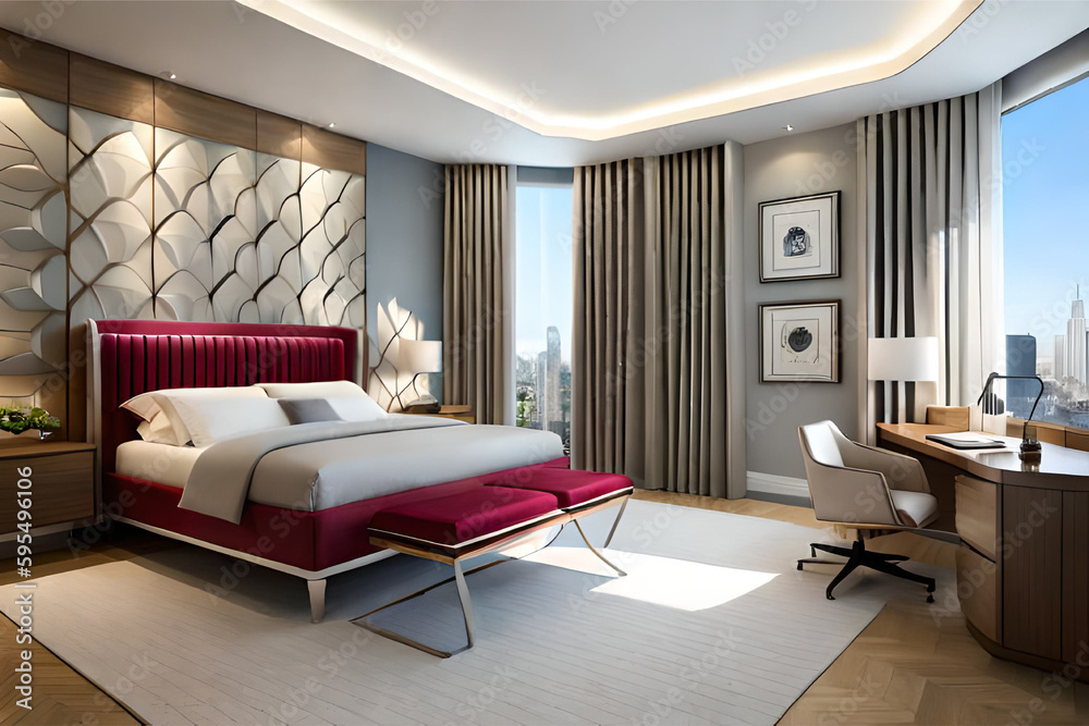 The interior design of a contemporary bedroom that incorporates bold colors and patterns for a modern and eclectic look  | Generative AI