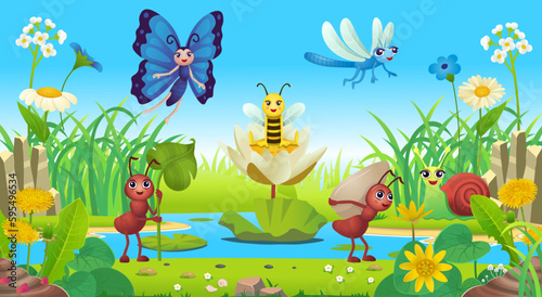 lake or river with island grass flowers and insects. Scene for stories. Fantasy island. Cartoon style for kids Vector.