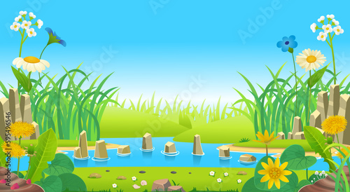 lake or river with island grass and flowers. Scene for stories. Fantasy island. Cartoon style for kids Vector.