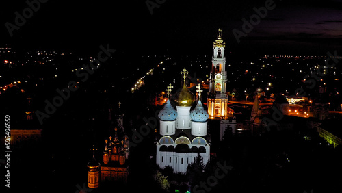 Sergiev Posad, Russia. The Trinity-Sergius Lavra is the largest male monastery of the Russian Orthodox Church with a long history. Located in the center of the city. At night, Aerial View