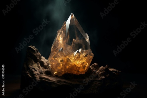 Illustration of a citrine crystal in a dark cave. Generative AI photo