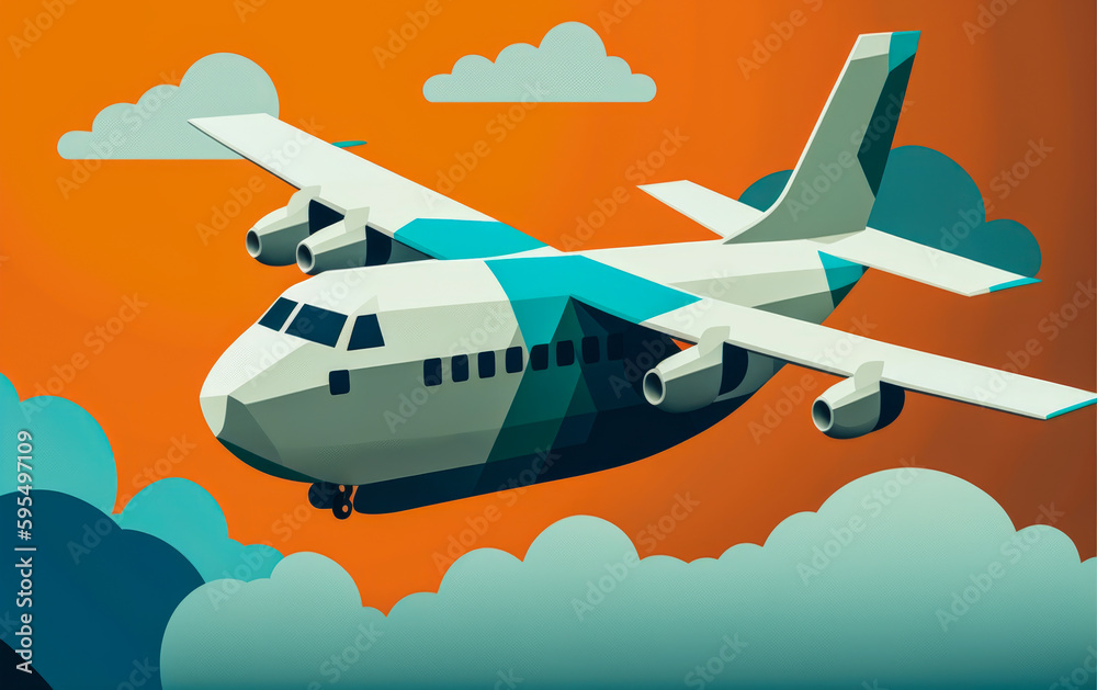 Flat illustration of a cargo plane flying in a shaded blue sky. Minimalist style adapted to the marketing supports of companies. Generative AI