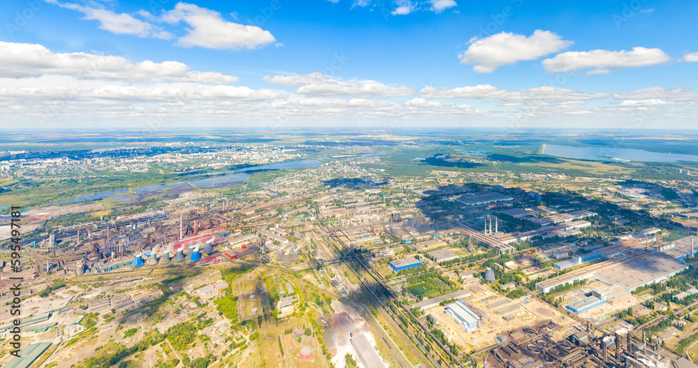 Lipetsk, Russia. Metallurgical plant. Blast furnaces. City view in summer. Sunny day. Aerial view