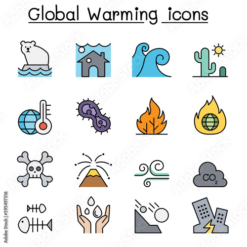 Global warming, Disaster, catastrophe color line icon set