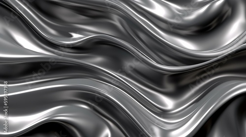 Silver chrome metal texture with waves, liquid silver metallic silk wavy design, 3D render illustration Generative AI