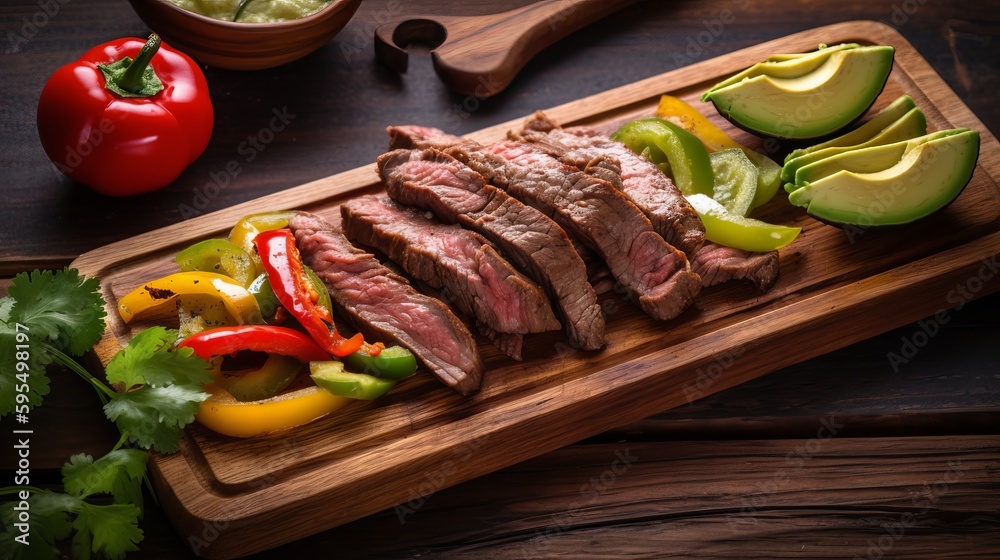 Beef Steak Fajitas with mix pepper, onion and avocado on wooden board Generative AI