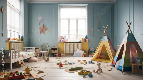 Interior of childrens room with kid toys. Presentation for background. Generative Ai