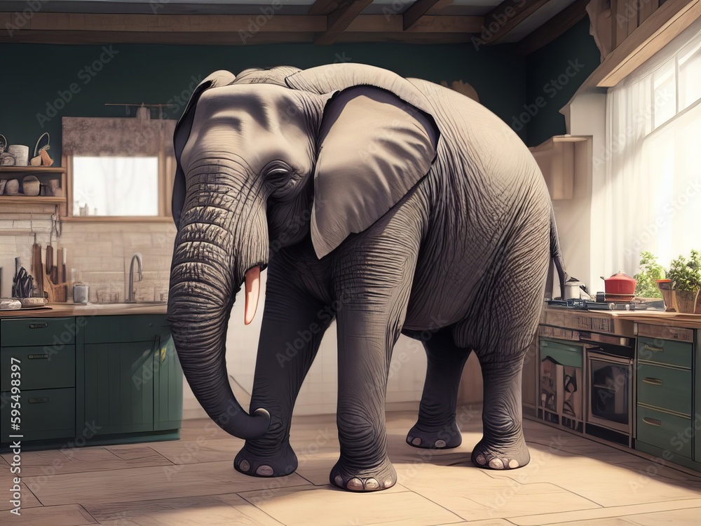 An elephant standing in the middle of a kitchen. 