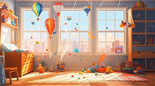 Interior of childrens room with kid toys. Presentation for background. Generative Ai