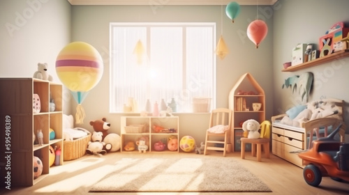 Interior of childrens room with kid toys. Presentation for background. Generative Ai