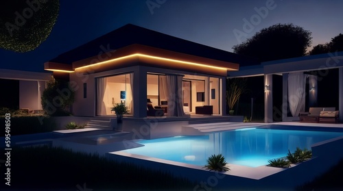 Villa at night with a tiny pool. Generative AI.