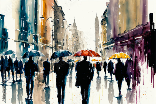 Beautiful illustration of a city in heavy rain with colorful umbrellas. The image expresses the resilience and determination of urban life. Generative AI