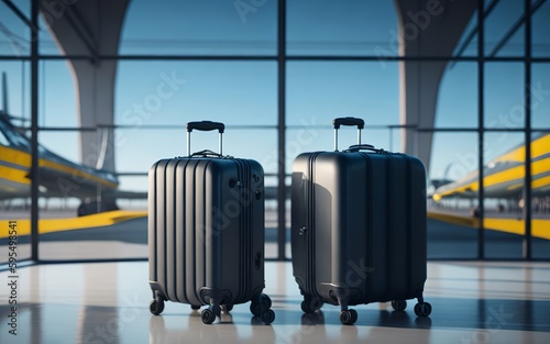 A couple of suitcases sitting in front of a window, blur airplane background. 