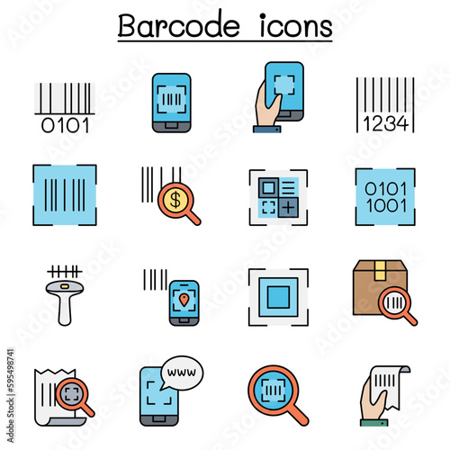 QR Code , Scanner, Package Code and Barcode Reader color line icon set