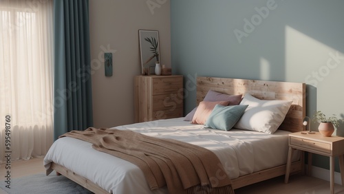 A Radiant Blue Bedroom With A Bed And A Nightstand With A Plant AI Generative