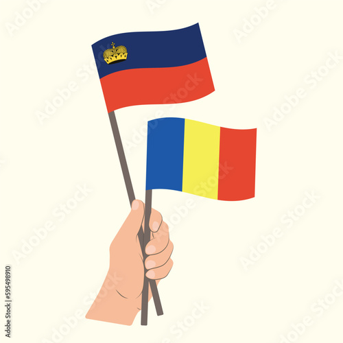 Flags of Liechtenstein and Romania, Hand Holding flags