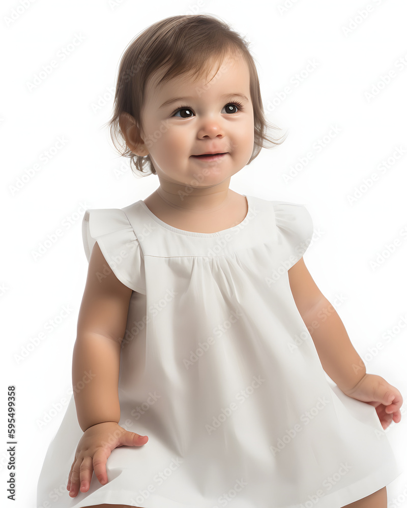 Happy toddler wearing white dress. Mockup base isolated on white background. Happy toddler wearing white dress. Mockup base isolated on white background.