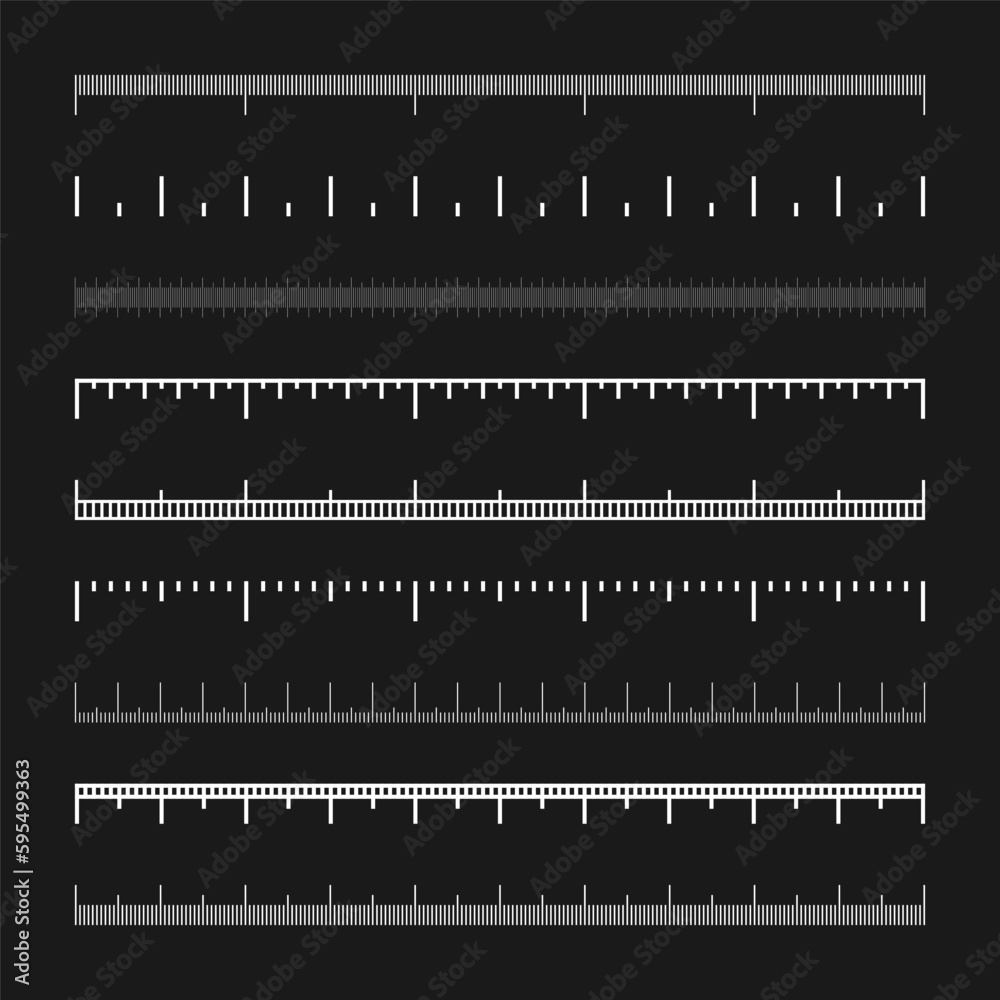 Various measurement scales with divisions. Realistic white scale for measuring length or height in centimeters, millimeters or inches. Ruler, tape measure marks, size indicators. Vector illustration