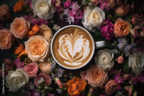 coffee with bouquet of roses on the table