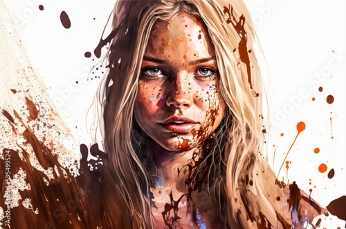 A young girl covered in chocolate, vibrant watercolor style. Appetizing portrait in chocolate hues for a delicious effect. Generative AI