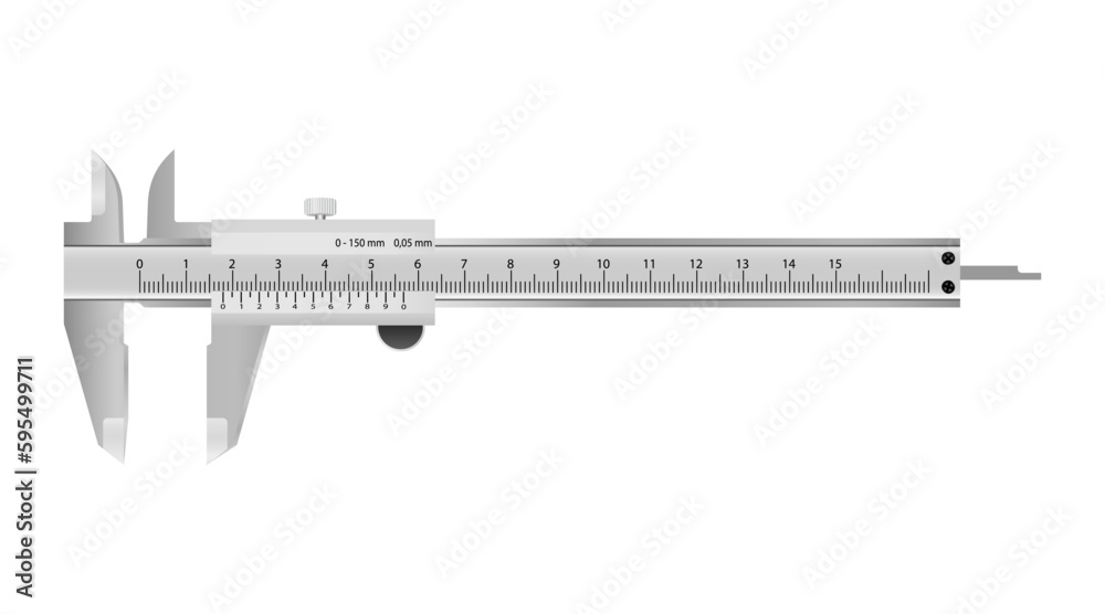 The realistic vernier caliper and scale. Measuring tool and equipment. Editable Illustration isolated on white background.Vector The realistic vernier caliper and scale. Measuring tool and equipment. Editable Illustration isolated on white background.Vector