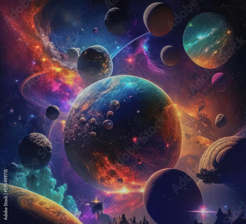 beautiful fantasy universe with planets, star nebulae and comets.