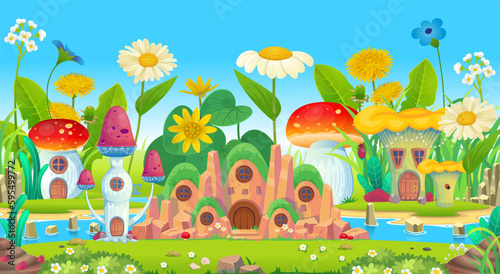 Magic houses mushrooms in the grass and flowers. Fantasy island. House with many windows in the mountain. Hobbit house  castle in the mountain  hills with houses  anthill. Cartoon style for kids.