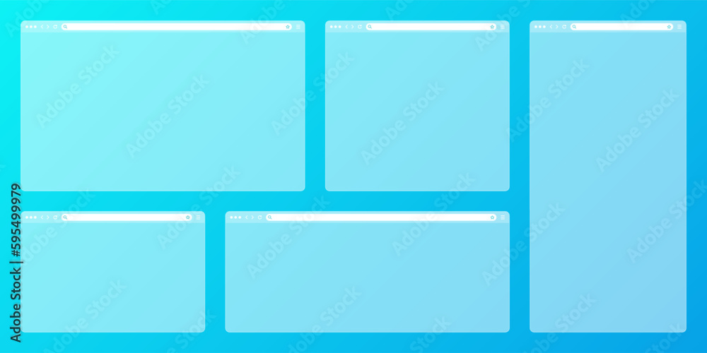 Blank transparent web browser window with toolbar and search field on colorful background. Modern website, internet page. Browser mockup for computer, tablet and smartphone. Vector illustration