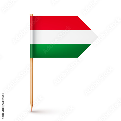 Realistic Hungarian toothpick flag. Souvenir from Hungary. Wooden toothpick with paper flag. Location mark, map pointer. Blank mockup for advertising and promotions. Vector illustration