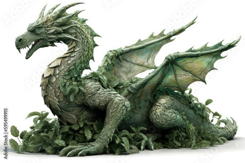 Image of a full length green wooden dragon isolated on a white background. Symbol of 2024. Large dragon surrounded by branches and leaves. High resolution. Generative AI, human enhanced © Sheremetio