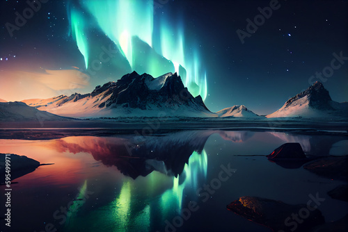 Colorful northern light aurora  borealis with red and green flames over the sky