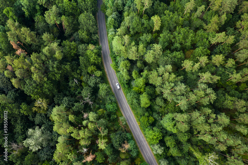 Forest road in summer, car driving on the road, aerial view