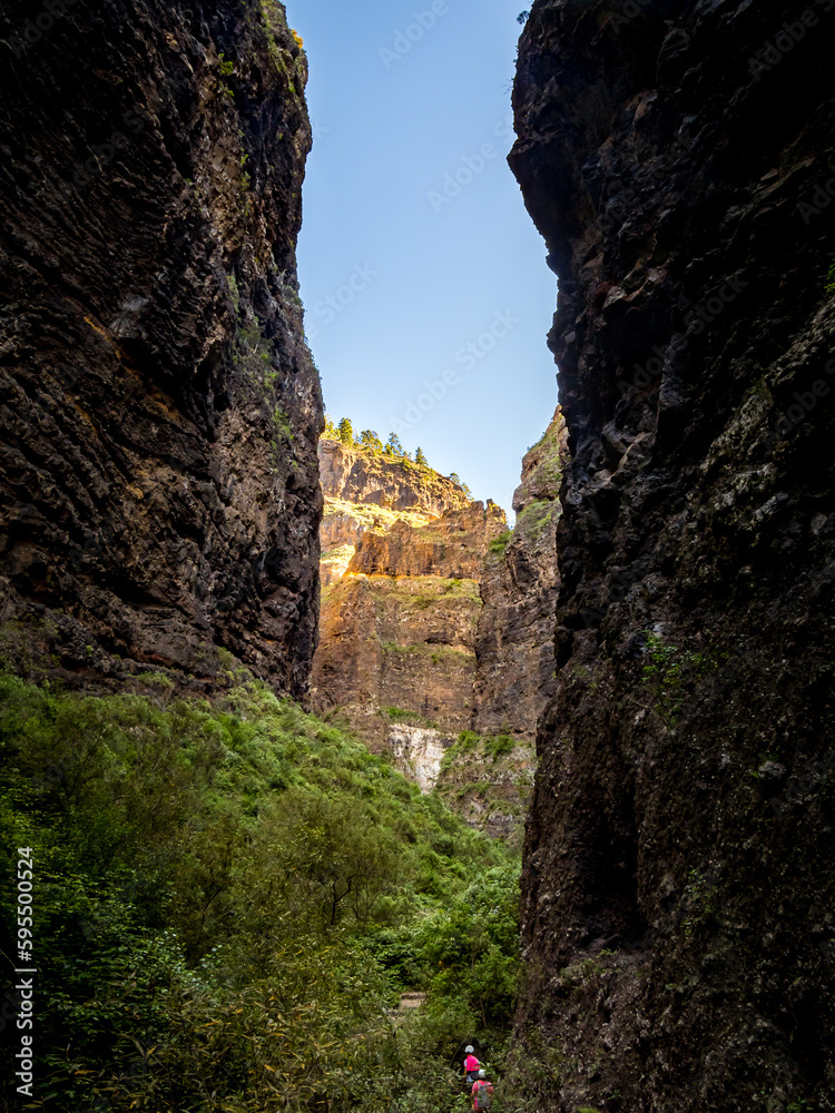 Experience the natural wonder of Barranco del infierno ravine, Hell's gorge, with tourists hiking through lush nature amidst high cliffs, as the golden morning sun illuminates the ravine in Tenerife.