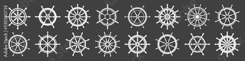 Collection of white vintage steering wheels. Ship, yacht retro wheel symbol. Nautical rudder icon. Marine design element. Vector illustration