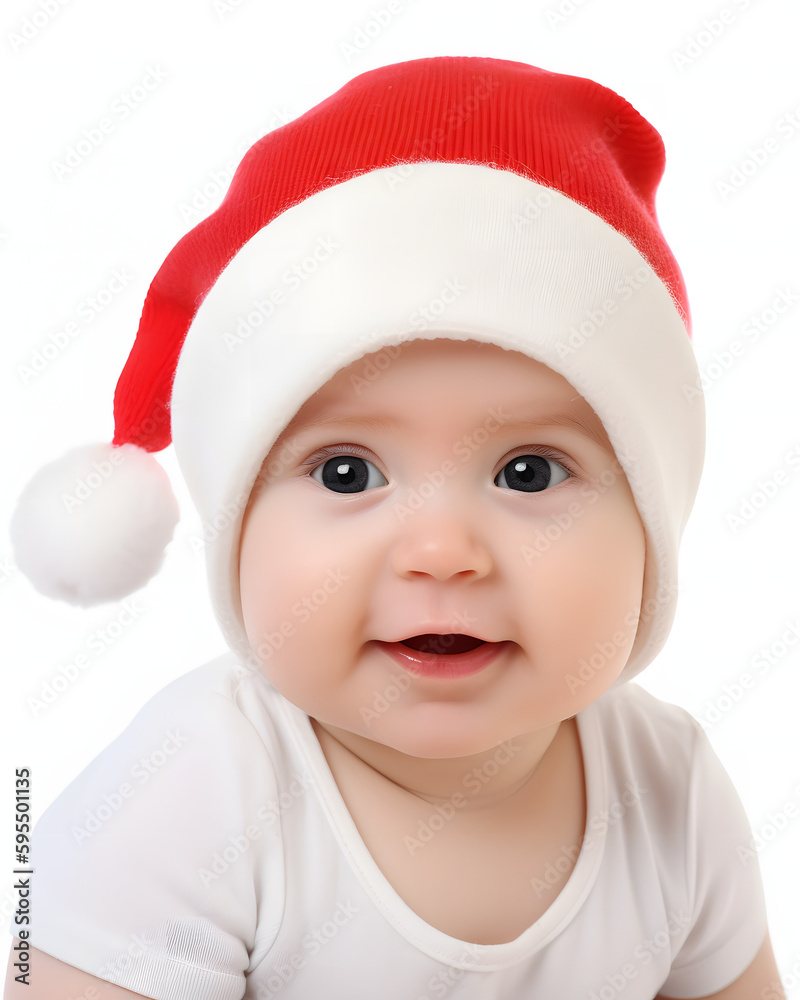 Baby's First Christmas: Cute Infant in Santa Hat on White Background. Festive advertisement, post, greeting card. Baby's First Christmas: Cute Infant in Santa Hat on White Background. Festive advertisement, post, greeting card.