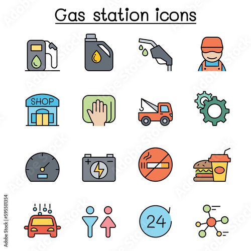 Fototapeta Naklejka Na Ścianę i Meble -  Gas station color line icon set