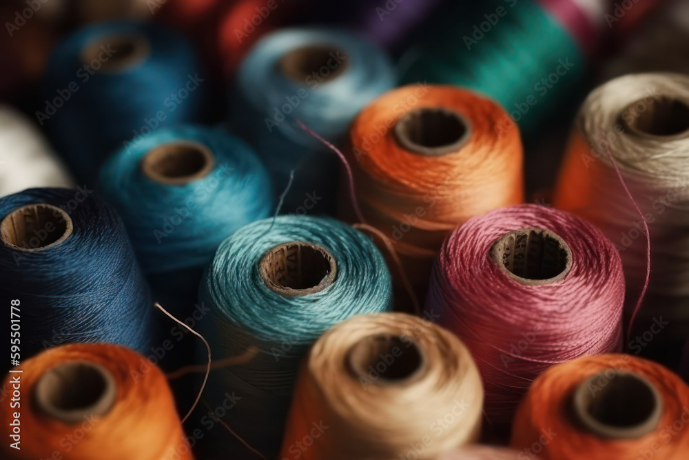 Set of spools with different sewing threads. Generative AI Set of spools with different sewing threads. Generative AI