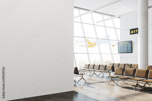 Airport interior with waiting area, departure screen and window, mockup wall