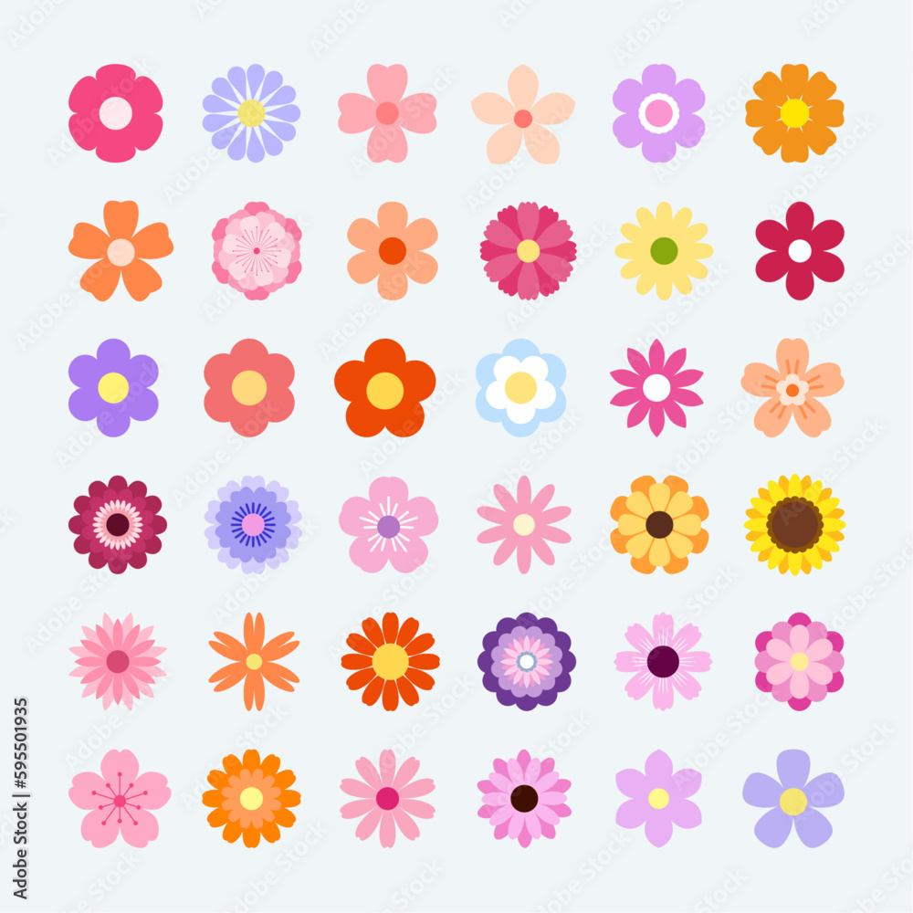 Set of 36 colorful abstract flower shapes in flat style for poster, banner, web site, advertising , card. Vector illustration.