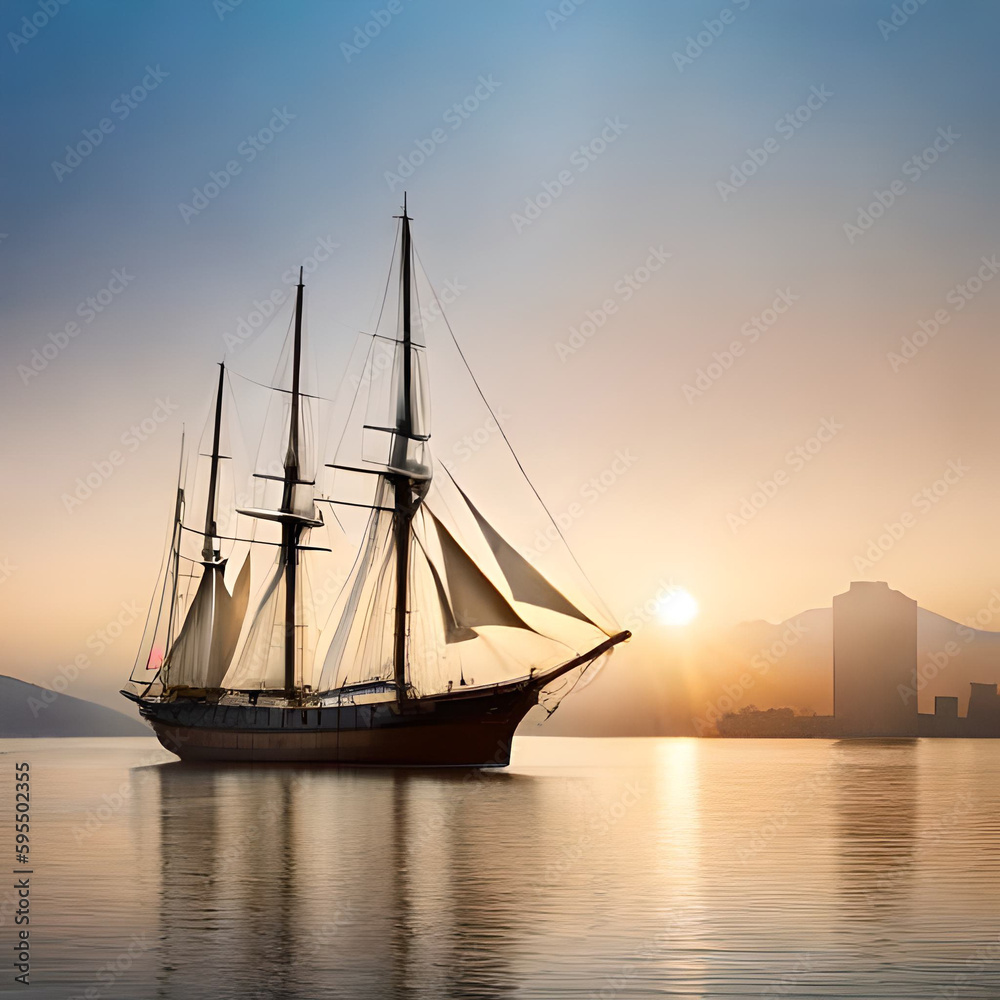 AI generated photo boat with sails on the water and mountains in the background.