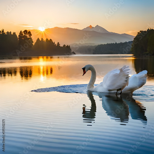 Ai generated  swan is swimming in the water at sunset.
