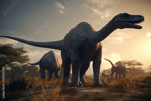 3D rendering of Argentinosaurus dinosaurs. Generative AI