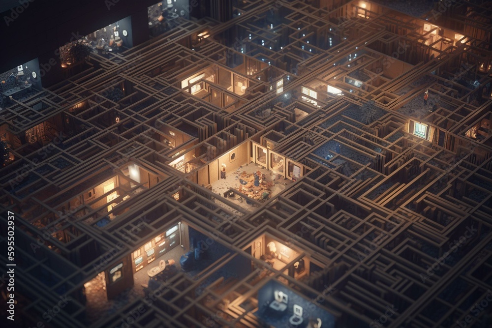 An isometric maze with a retro-futuristic vibe. Generative AI