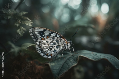 A butterfly rests on a flower in a forest clearing, its wings shimmering with spots and stripes like silk. Generative AI © Evelina