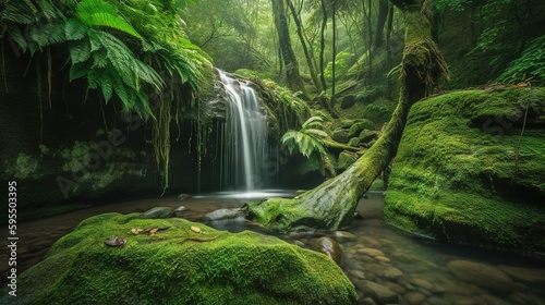  a small waterfall in the middle of a lush green forest. generative ai