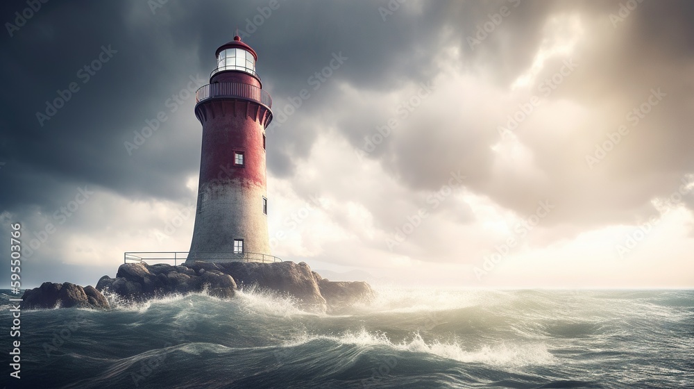  a red and white lighthouse in the middle of the ocean.  generative ai