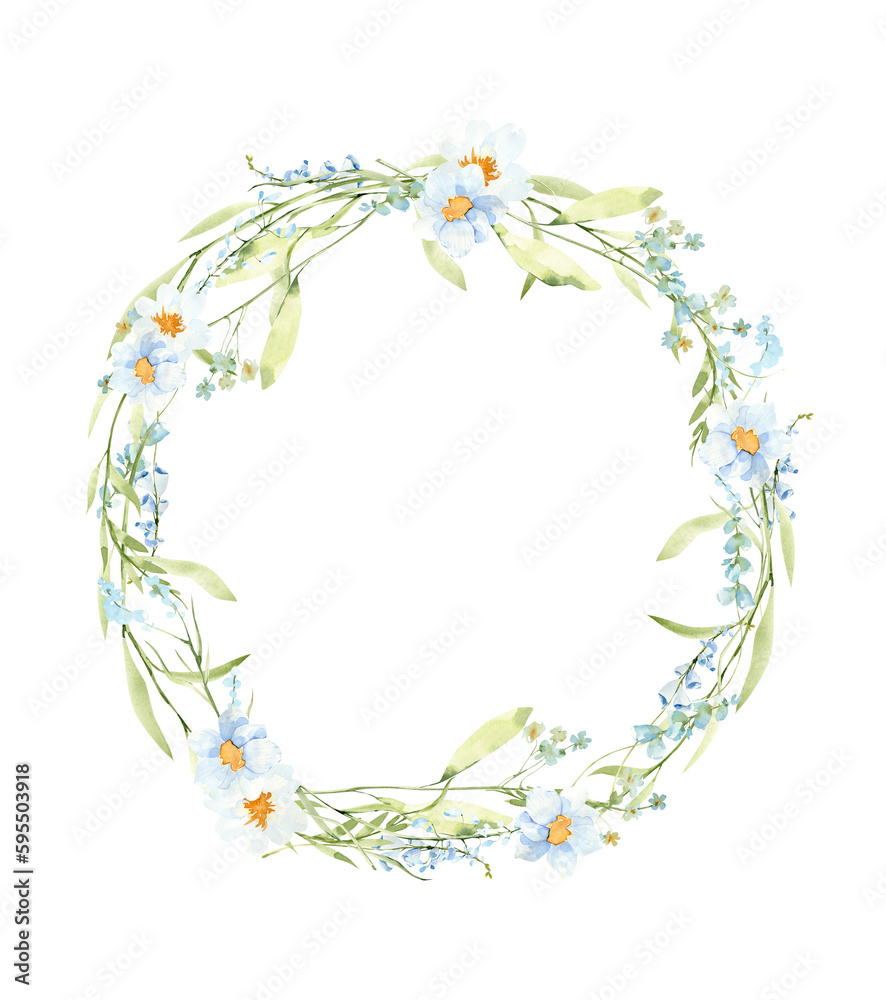 Obraz premium Watercolor elegant wreath, floral arrangement, summer field flowers composition, png illustration.