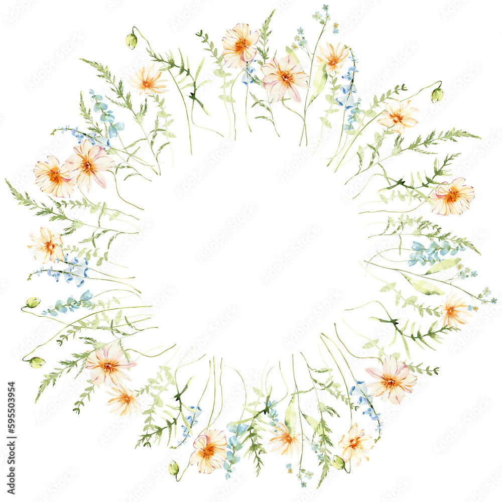 Watercolor elegant wreath, floral arrangement, summer field flowers composition, png illustration.