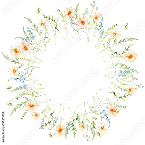 Watercolor elegant wreath  floral arrangement  summer field flowers composition  png illustration.